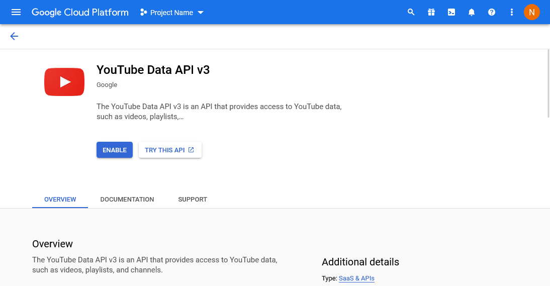 Страница YouTube API в Google Cloud Platform