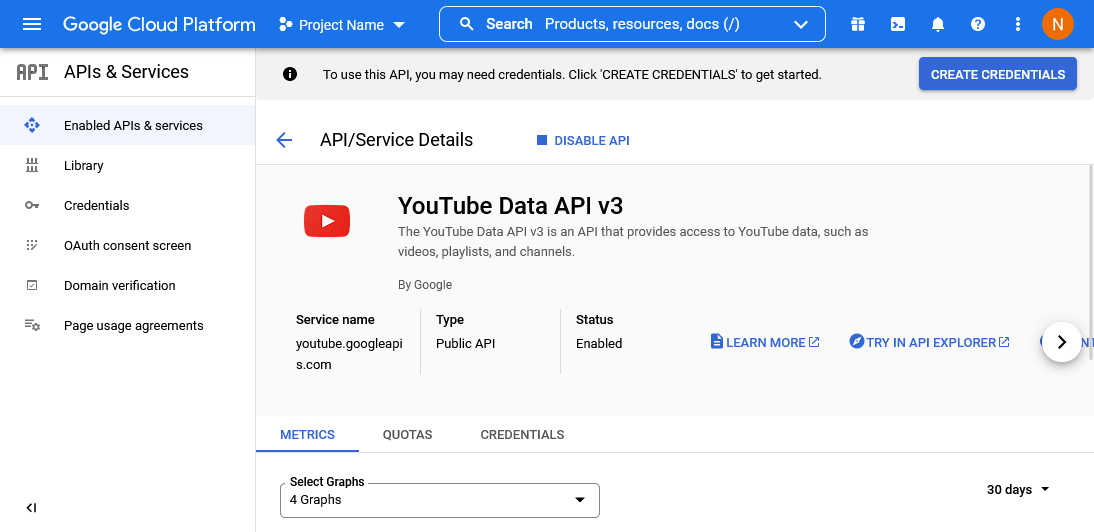 Панель инструментов YouTube Data API v3